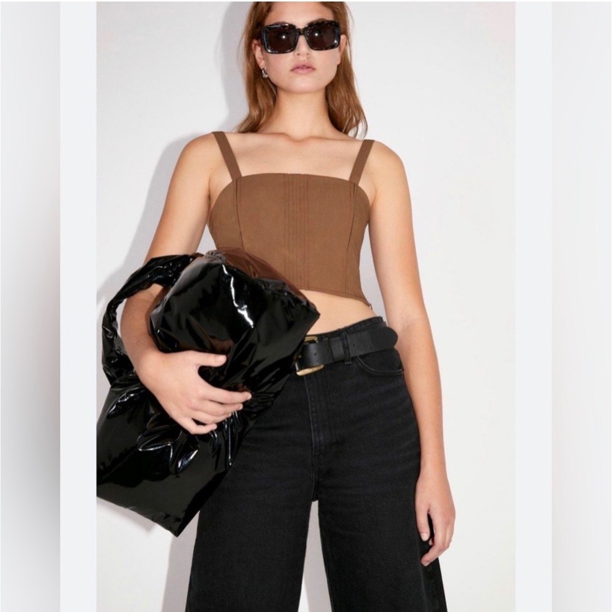 C7 Zara Brown Corset Style Crop Top Bustier Square Neck Side Zip Small